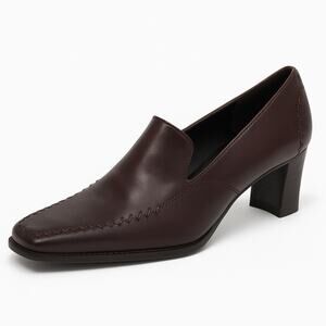 Roberto Capucci Italy Brown Leather Heeled Loafers Square Toe Stitch Women’s 8.5